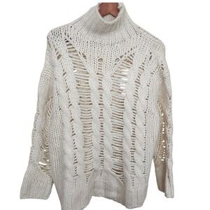 Zara Turtleneck Sweater Womens Medium Cream Cable Knit Distressed Chunky Knit